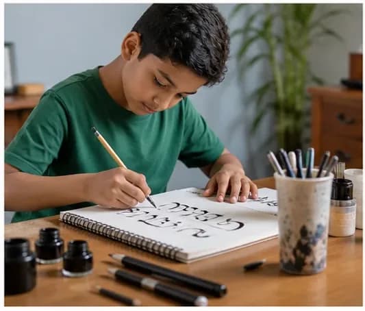 Child practising calligraphy with an ink pen