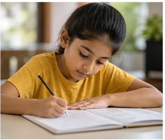 Child practising handwriting in a notebook
