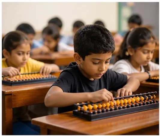 Child practising with an Abacus in a classroom