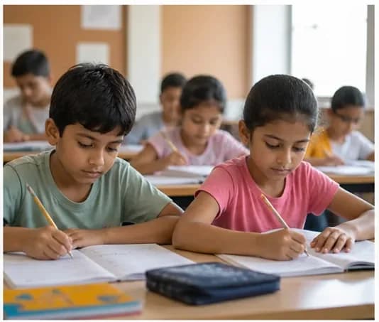 Children completing number practice in workbooks