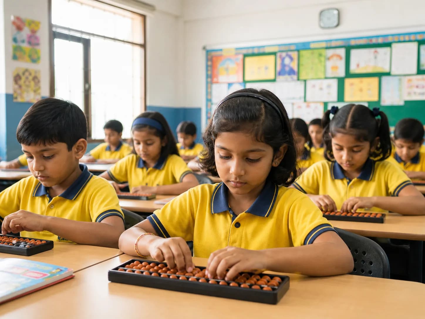 Children practising with Abacuses in a classroom