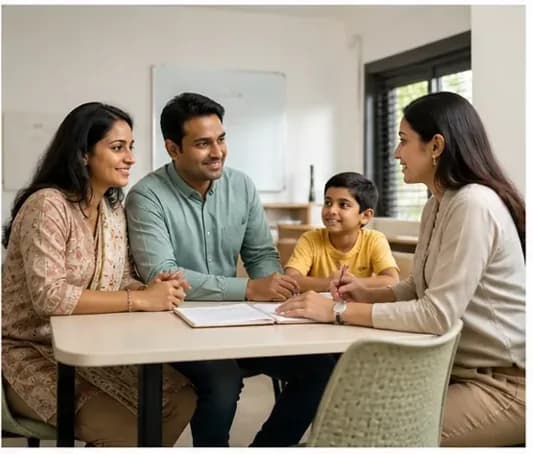 Family speaking with an educator at a table